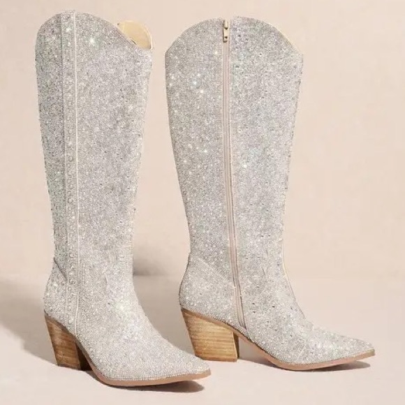 6.5 MIIM Nashville Silver Rhinestone Embellished Heeled Fashion Cowboy Boots - Picture 8 of 10